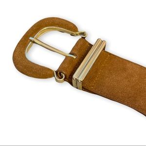 J. McLaughlin Brown Suede + Stretch Belt Size S/M Wide Leather Belt Buckle Gold